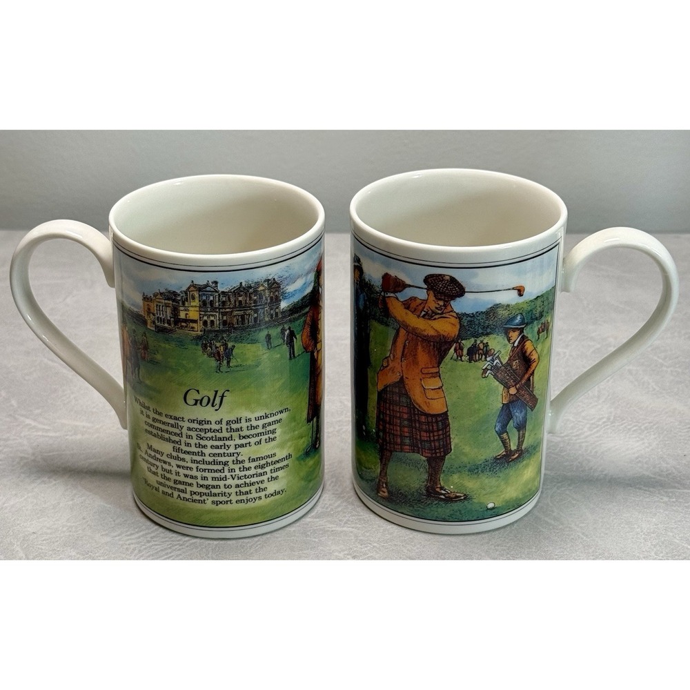 Dunoon Golf Coffee Mug Pair Scotland Stoneware Vintage Golf Scene Cups